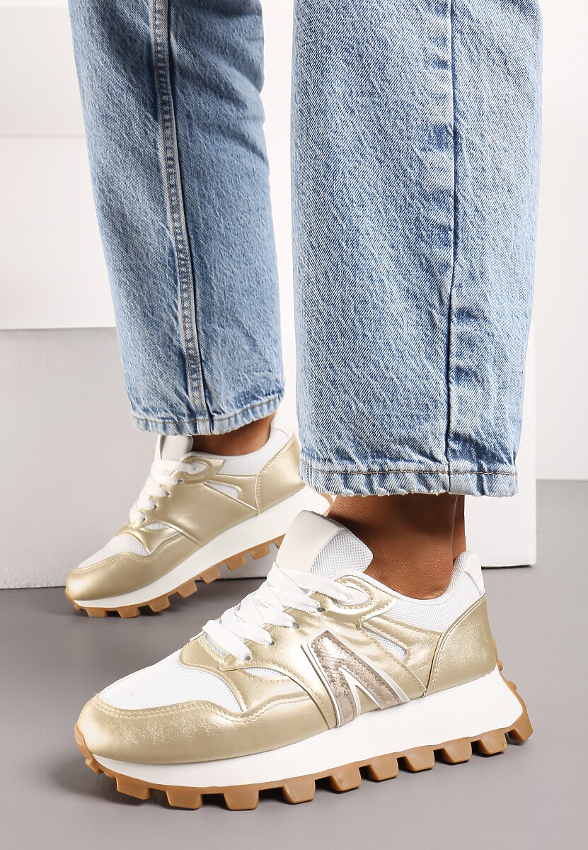 Złote Sneakersy na Ozdobnej Platfromie z Wiązaniem Nemoon