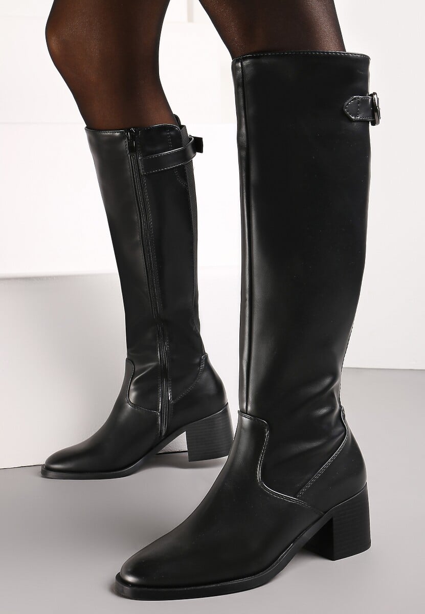 Czarne Kozaki Przed Kolano na Słupku z Ozdobnym Paskiem i Przeszyciami Celinna