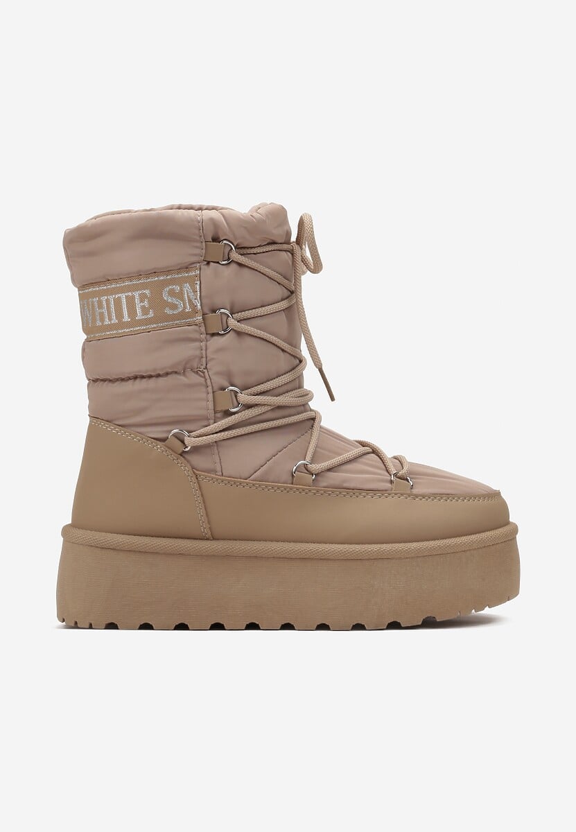 Ciemnobeżowe Śniegowce na Platformie z Ozdobnym Wiązaniem Zingie