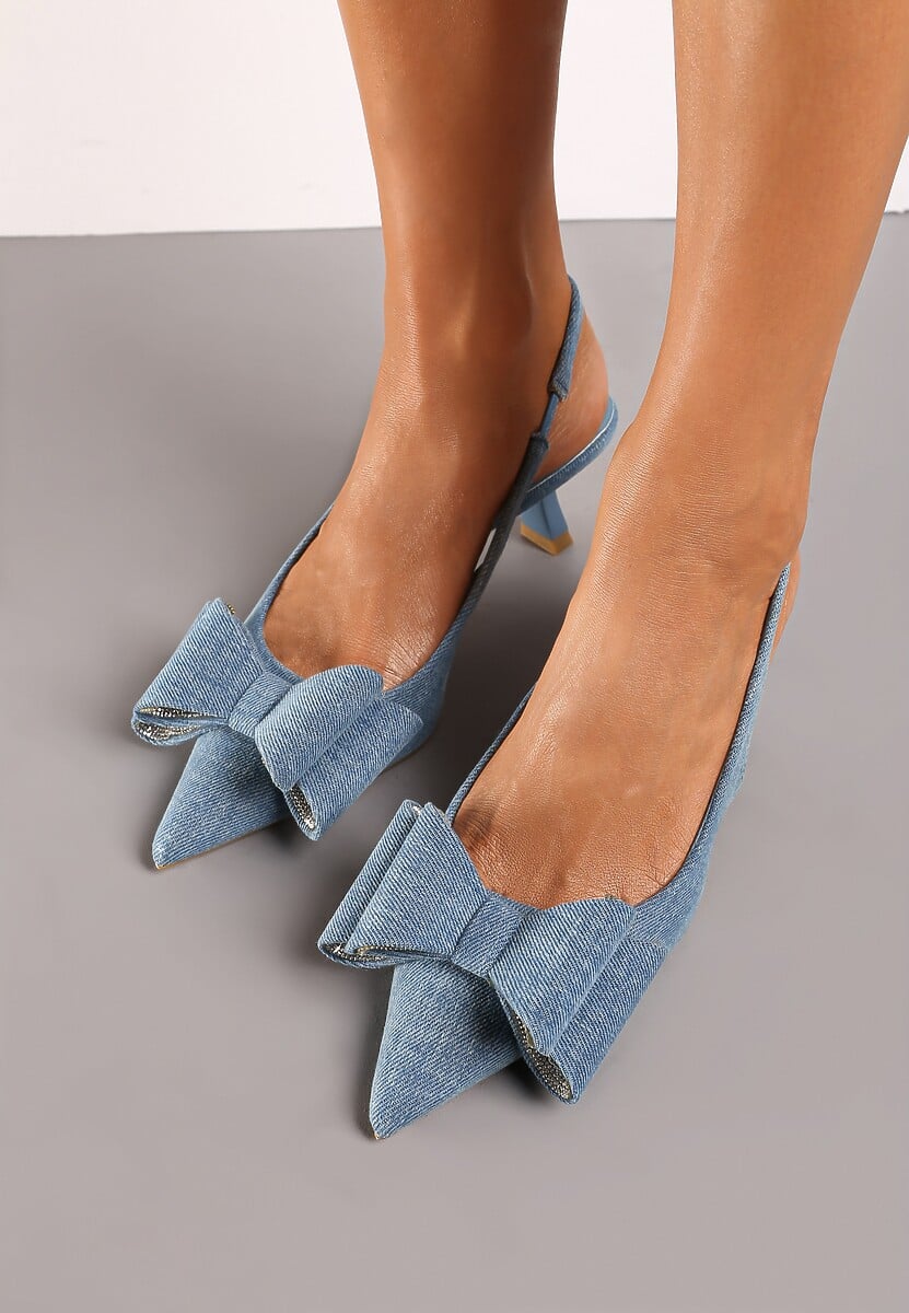 Niebieskie Czółenka na Szpilce Kaczuszce Ozdobione Cyrkoniami i Kokardą Felabra