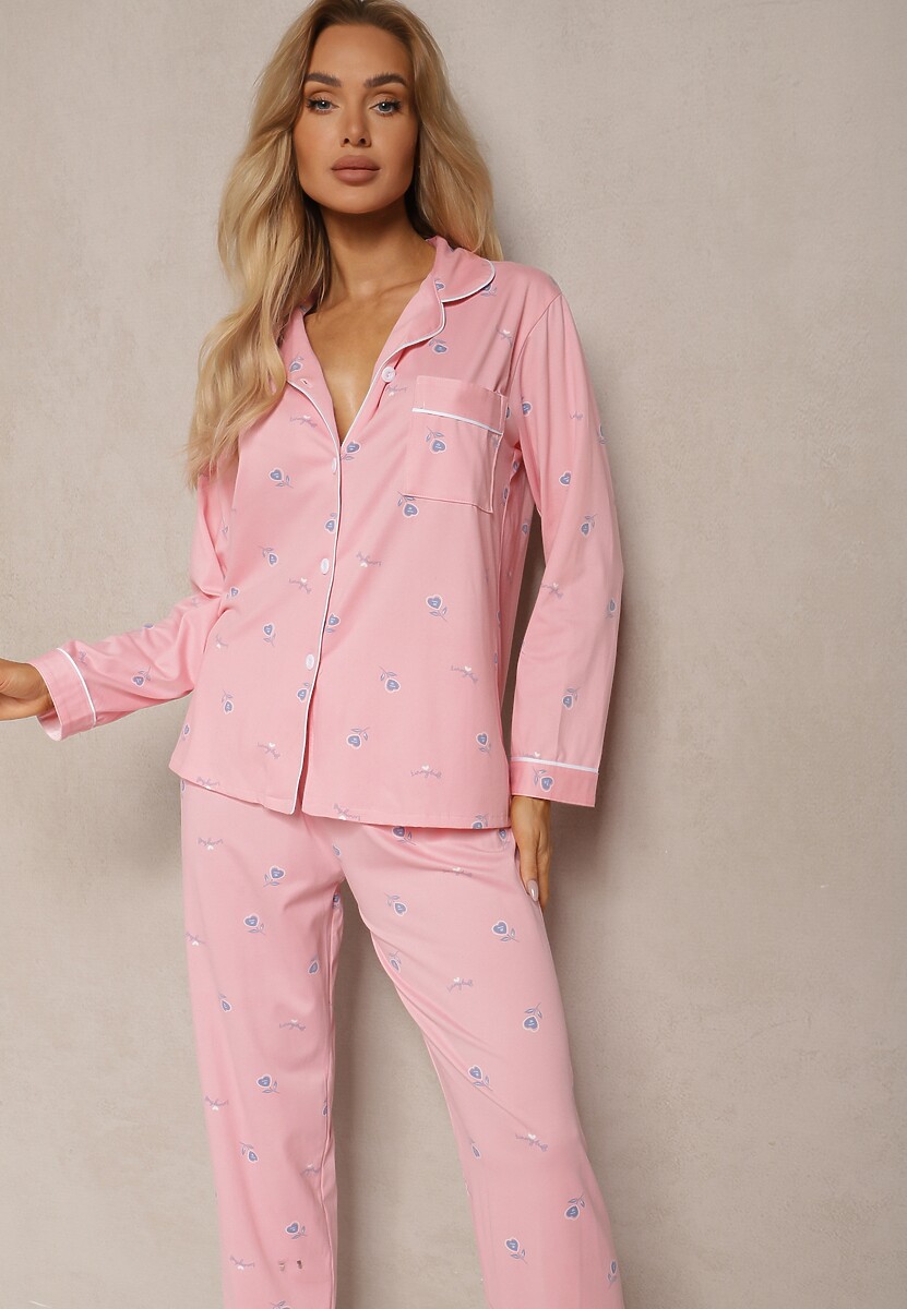 Różowy Komplet Piżamowy z Bawełny Spodnie z Gumką w Pasie Koszula na Guziki z Kieszonką Vaiolae