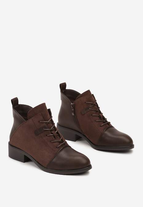 Brązowe Sznurowane Botki na Płaskiej Podeszwie Ozdobione Rivianne