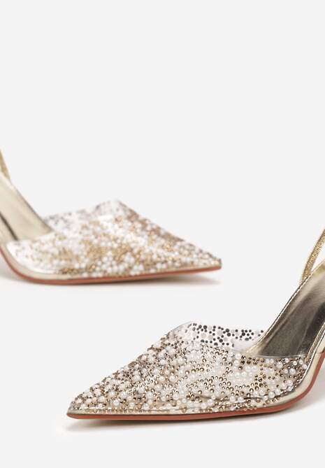 Złote Sandały z Transparentnym Noskiem na Szpilce Ozdobione Perłami i Cyrkoniami Halene