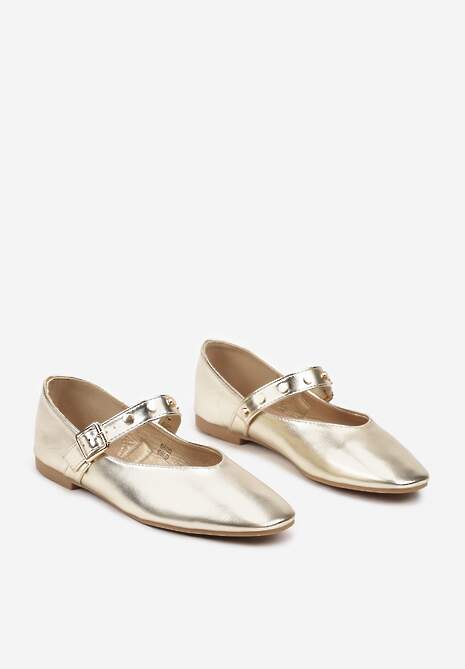 Złote Płaskie Balerinki w Stylu Mary Jane z Paskiem na Sprzączkę Zailaene