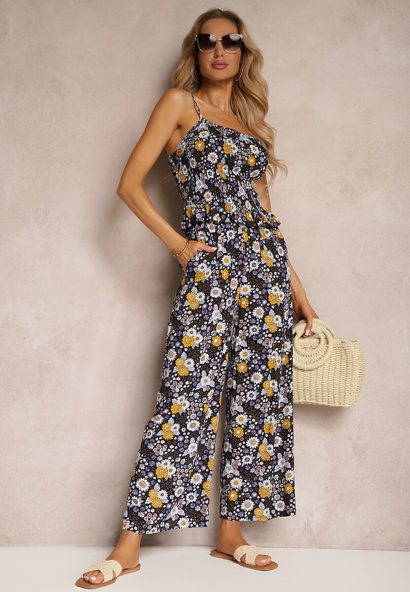 Beżowy Komplet z Bawełny Marszczony Top na Ramiączkach Szerokie Spodnie z Gumką w Talii Elary