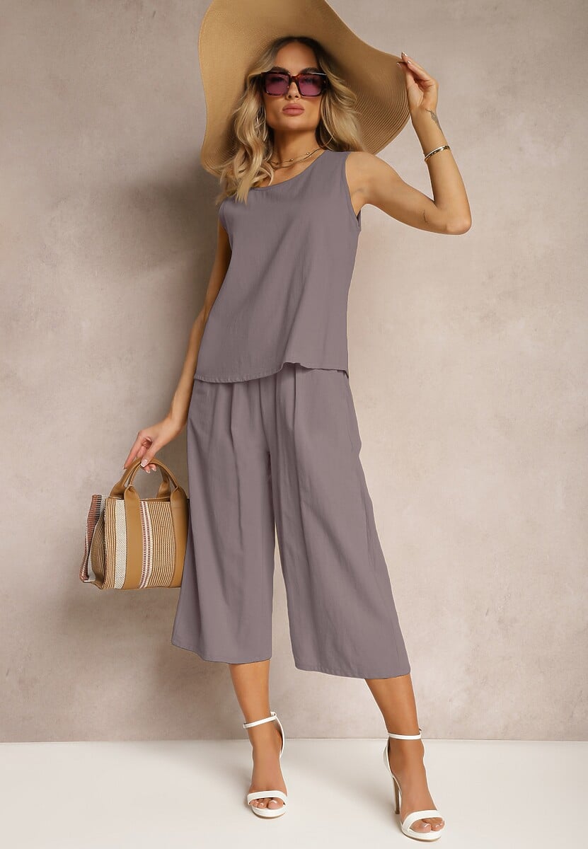 Szary 2-Częściowy Komplet z Bawełny Luźny Top i Szerokie Spodnie Nezara