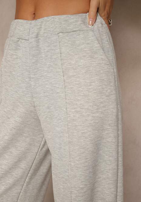 Jasnoszare Spodnie z Wiskozą o Szerokim Kroju Ozdobione Kantem Belhira