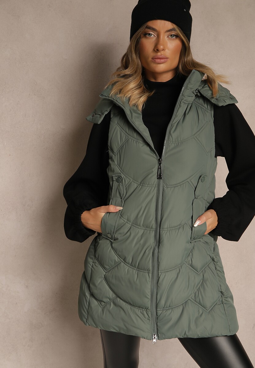 Zielona Pikowana Kamizelka z Odpinanym Kapturem Tulanea