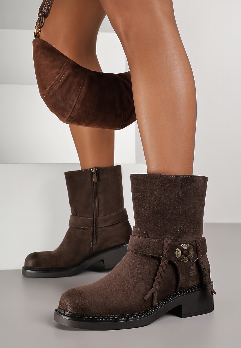 Brązowe Botki Bikery z Guzikiem i Sznurkami Alissarie