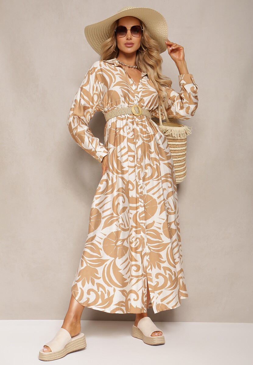 Beżowa Rozkloszowana Sukienka w Kroju Szmizjerki z Zapięciem na Guziki i Falbanką Kelloena