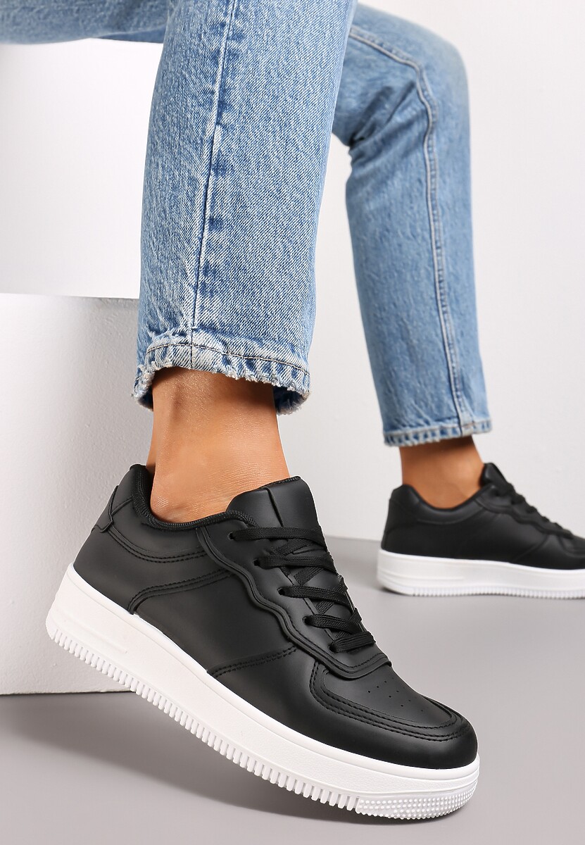Czarno-Białe Sneakersy Sznurowane na Grubej Podeszwie Taleith
