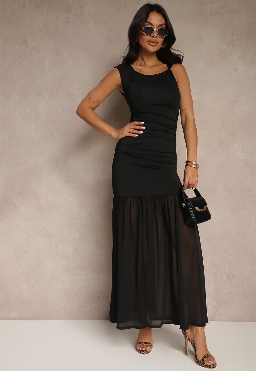 Czarna Sukienka Koktajlowa z Wiskozą i Marszczeniem Galoriella