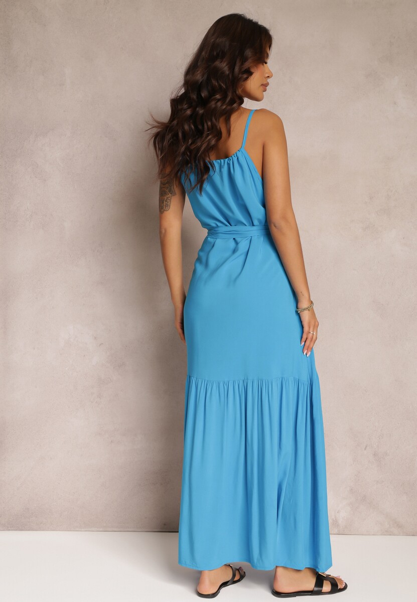 Niebieska Rozkloszowana Sukienka na Ramiączkach z Wiązanym Paskiem Diadite