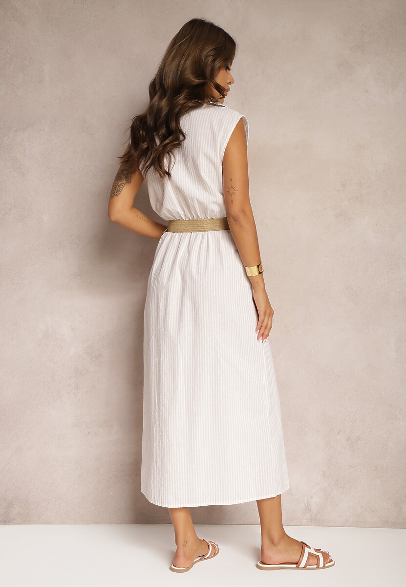 Beżowa Koszulowa Sukienka z Bawełny Bez Rękawów z Paskiem i Gumką w Talii Zalorea