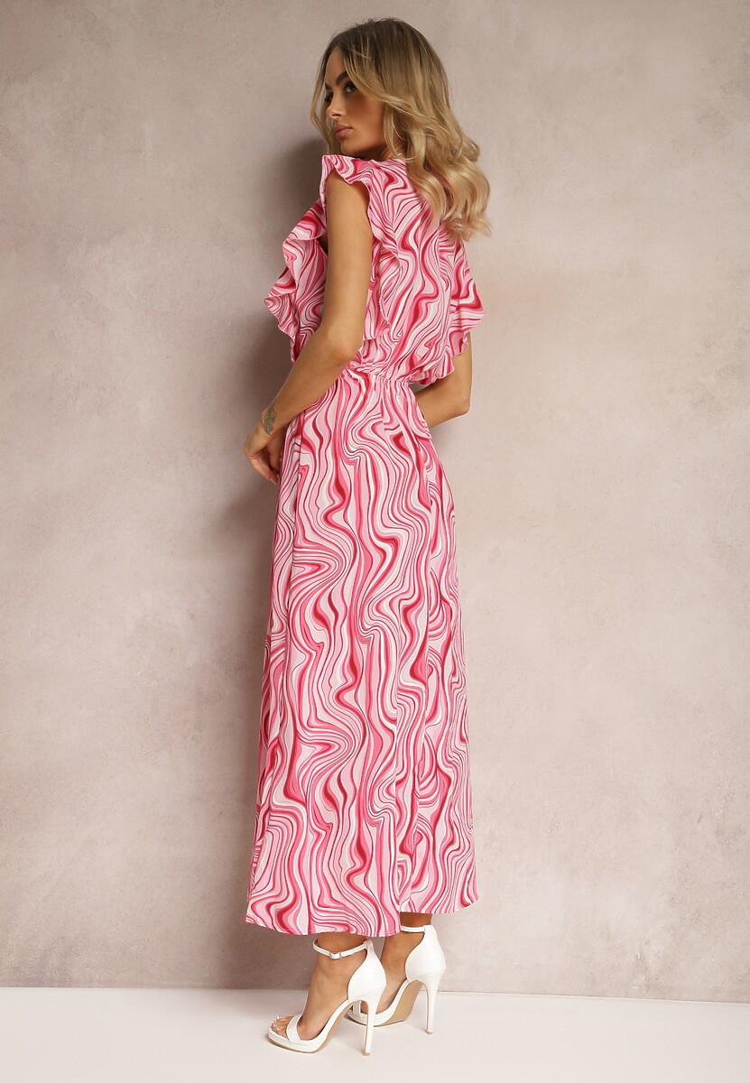 Różowa Rozkloszowana Sukienka z Guzikami i Gumką w Talii Mottella