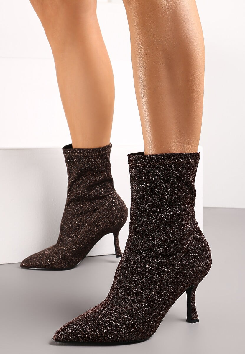 Brązowe Skarpetkowe Botki na Szpilce z Elastycznego Materiału z Brokatowym Połyskiem Sulcia