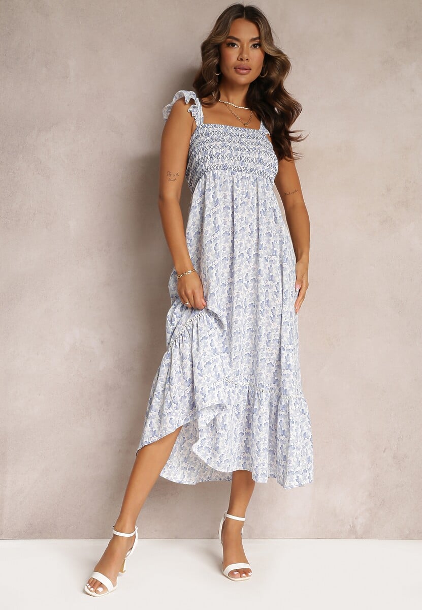 Niebieska Maxi Sukienka Rozkloszowana na Ramiączkach z Falbankami Azah