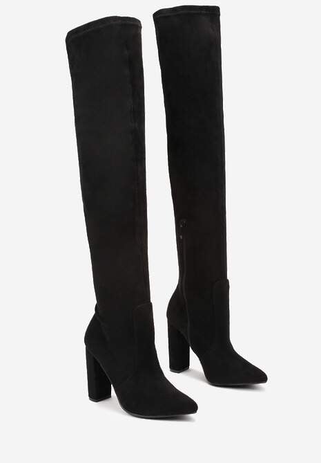 Czarne Dopasowane Kozaki za Kolano na Słupku Bellami