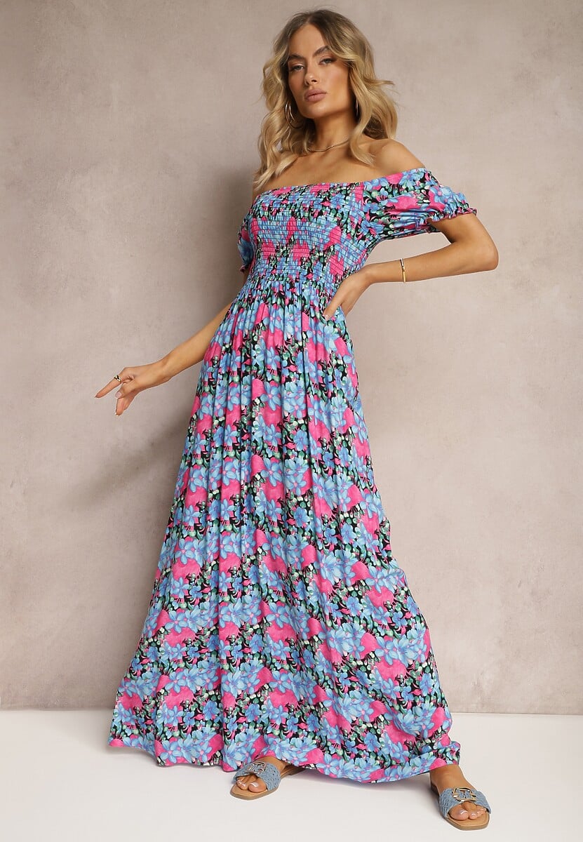 Fioletowo-Niebieska Hiszpanka Sukienka o Rozkloszowanym Kroju i Gumkami przy Dekolcie Kaseria