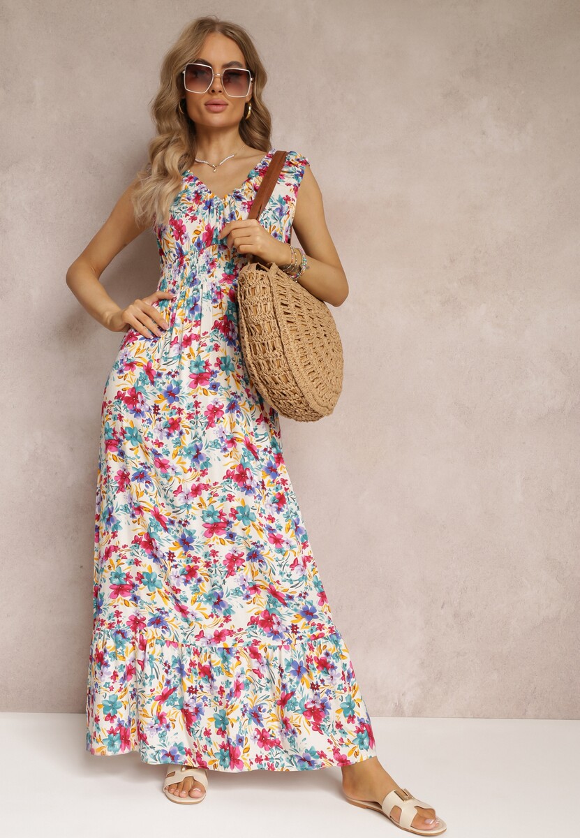 Biało-Czerwona Rozkloszowana Sukienka Maxi w Kwiaty z Gumką w Talii i przy Dekolcie Eirerene