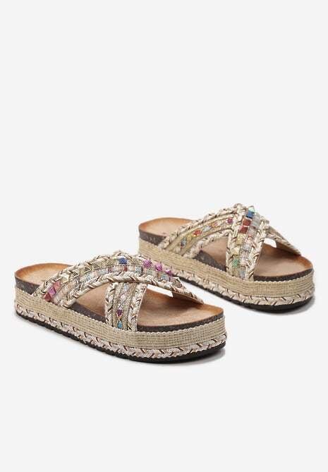 Beżowe Klapki Ozdobione Kolorową Nitką Cyrkoniami i Brokatem na Grubej Podeszwie Adanrie