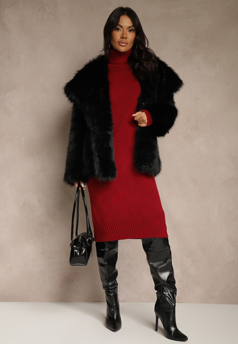 Bordowa Sweterkowa Sukienka z Bawełną i Golfem Reinaria