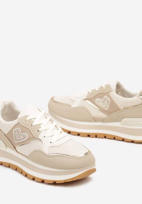 Beżowe Sneakersy na Platformie z Metalicznym Wykończeniem i Sercem Veriscas