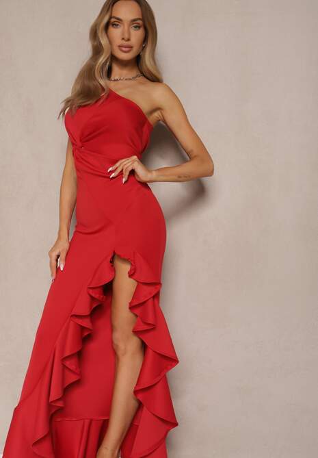 Czerwona Sukienka na Ramię Ozdobiona Falbaną Lunivaria