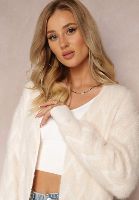 Jasnobeżowy Niezapinany Kardigan o Przedłużonym Fasonie w Zygzaki Chevron Oherna