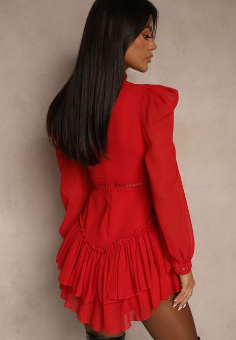 Czerwona Rozkloszowana Sukienka Kombinezon Taliowany z Falbankami i Koronką Pokisa