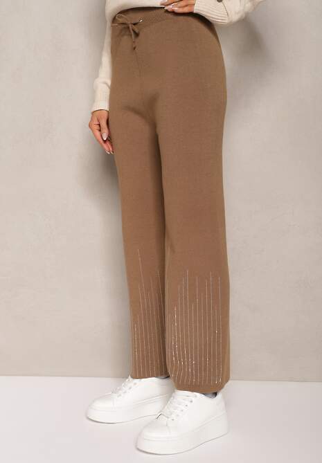 Jasnobrązowe Spodnie o Szerokim Kroju High Waist z Cyrkoniami i Gumką w Pasie Loreitha