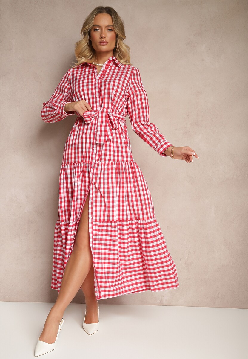 Czerwona Koszulowa Sukienka z Bawełny w Kratkę Vichy z Wiązanym Paskiem Adlivia