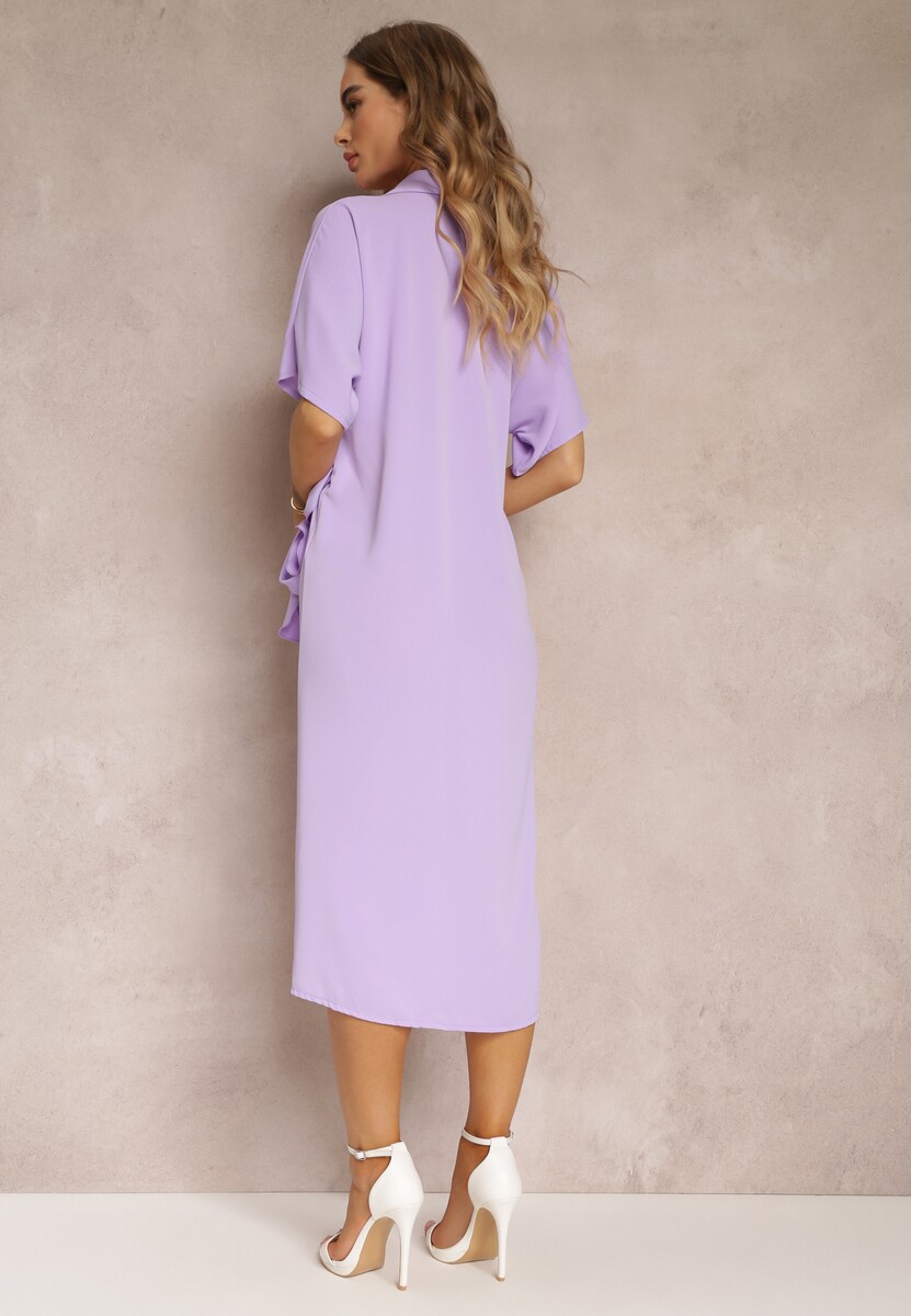 Fioletowa Sukienka Koszulowa Wiązana z Przodu z Marszczeniem Raimona