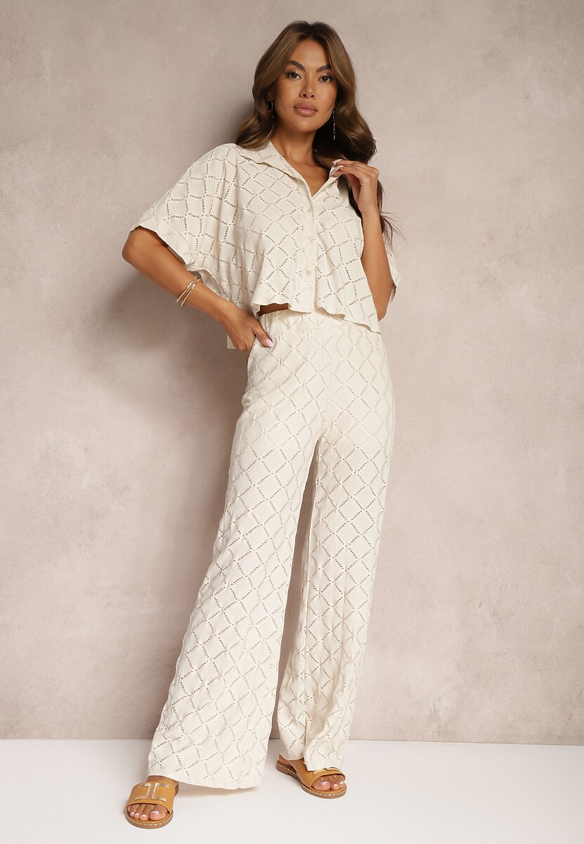 Beżowy Ażurowy Komplet Krótka Koszula Szerokie Spodnie z Gumką w Talii Rivatma