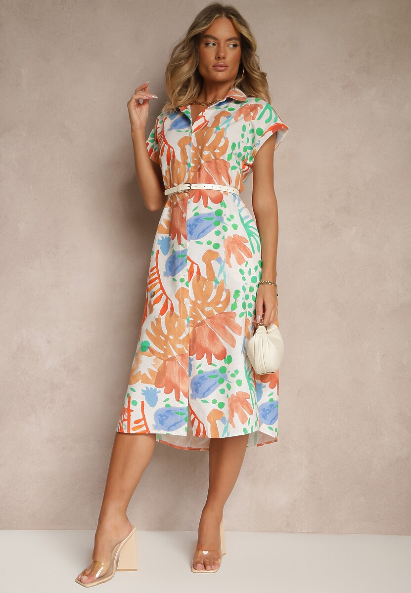 Beżowa Koszulowa Sukienka z Bawełny z Kieszeniami Seddie