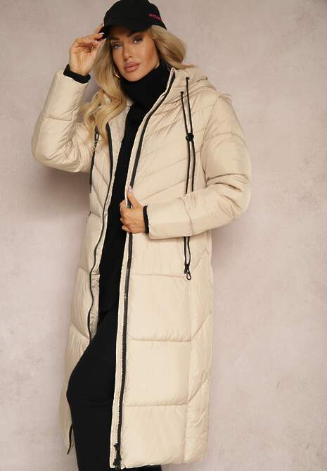 Ciemnobeżowa Długa Kurtka z Pikowanymi Przeszyciami Dwustronnym Suwakiem i Kapturem Fezilda