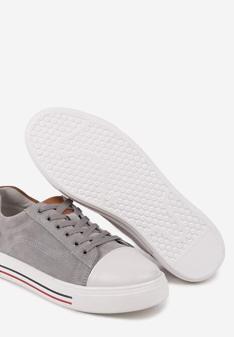 Szare Płaskie Trampki ze Skóry Naturalnej ze Skórzaną Wkładką i Ozdobnym Noskiem Milili