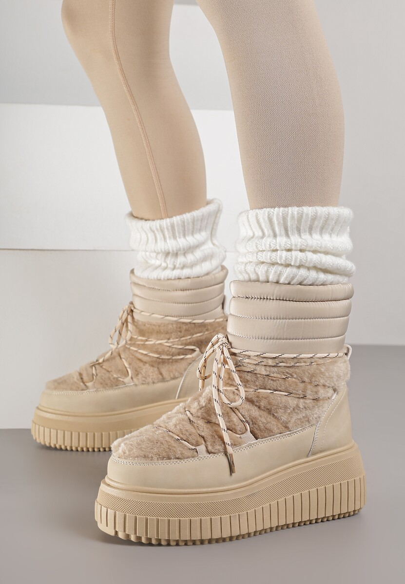 Ciemnobeżowe Śniegowce na Platformie z Tłoczeniem Ozdobione Futerkiem i Pikowaniem Adallie