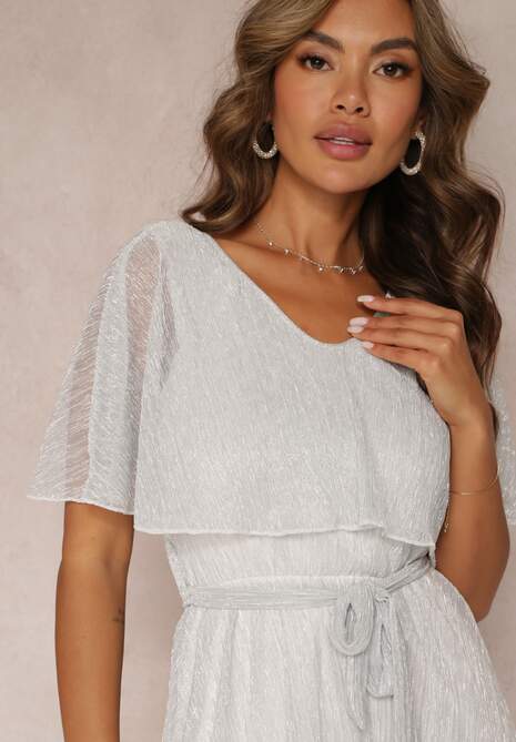 Jasnoszara Sukienka Mini z Metaliczną Nitką i Gumką w Pasie Eullas