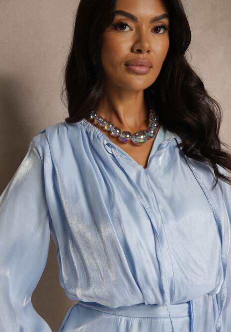 Niebieska Sukienka z Wiskozy z Falbanką i Wiązaniem Finlio