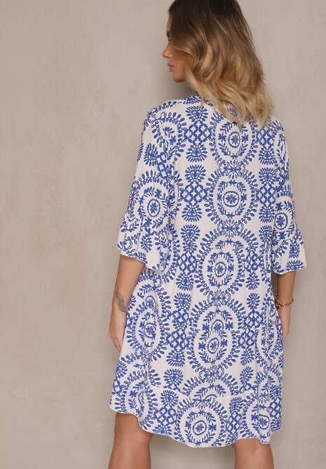 Niebieska Sukienka z Bawełny o Rozkloszowanym Kroju Ozdobiona Guzikami Janivra