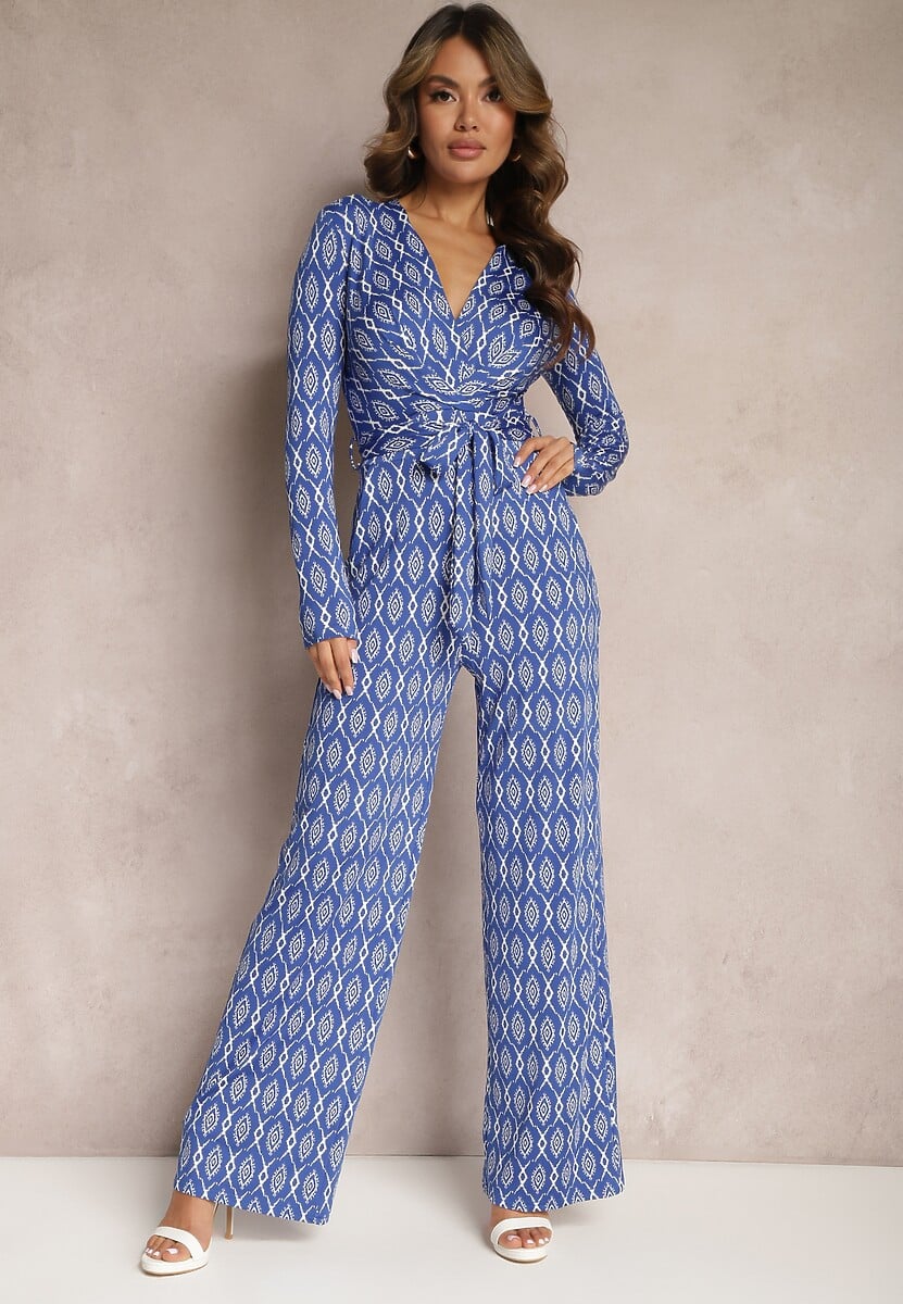 Granatowy Taliowany Kombinezon z Szerokimi Nogawkami i Wiązanym Paskiem Acaelia