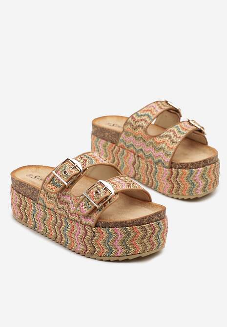 Ciemnobeżowe Plecione Klapki na Grubej Podeszwie w Geometryczny Wzór Fevilise