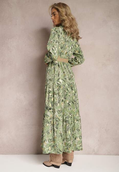Jasnozielona Sukienka Maxi z Kołnierzykiem i Plecionym Paskiem Pertitus