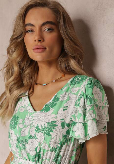 Zielona Sukienka z Wiskozy w Kwiaty z Wiązanym Paskiem Malore