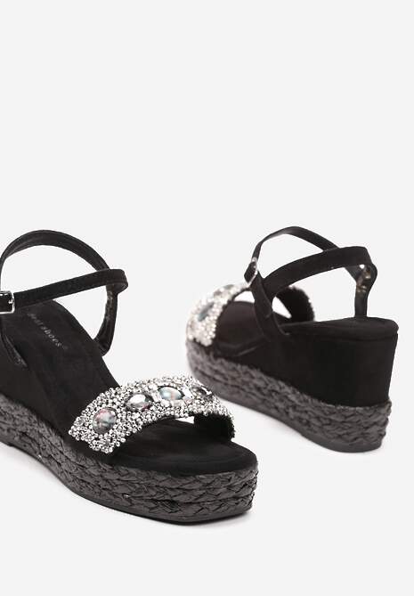 Czarne Sandały z Ekozamszu na Plecionym Koturnie Ozdobione Kamieniami i Cyrkoniami Riolette