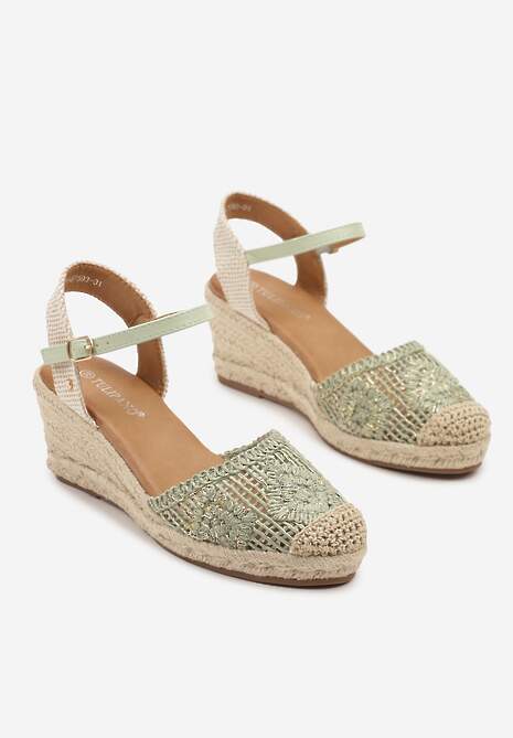 Zielone Sandały Boho z Ażurową Cholewką na Plecionym Koturnie Tenavinea