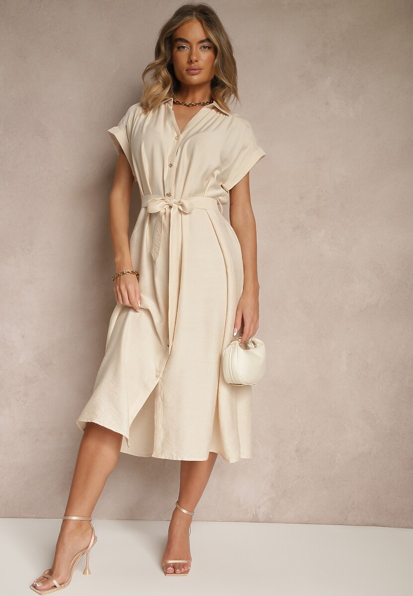 Beżowa Koszulowa Sukienka z Wiskozy Ozdobiona Paskiem Rinalitia