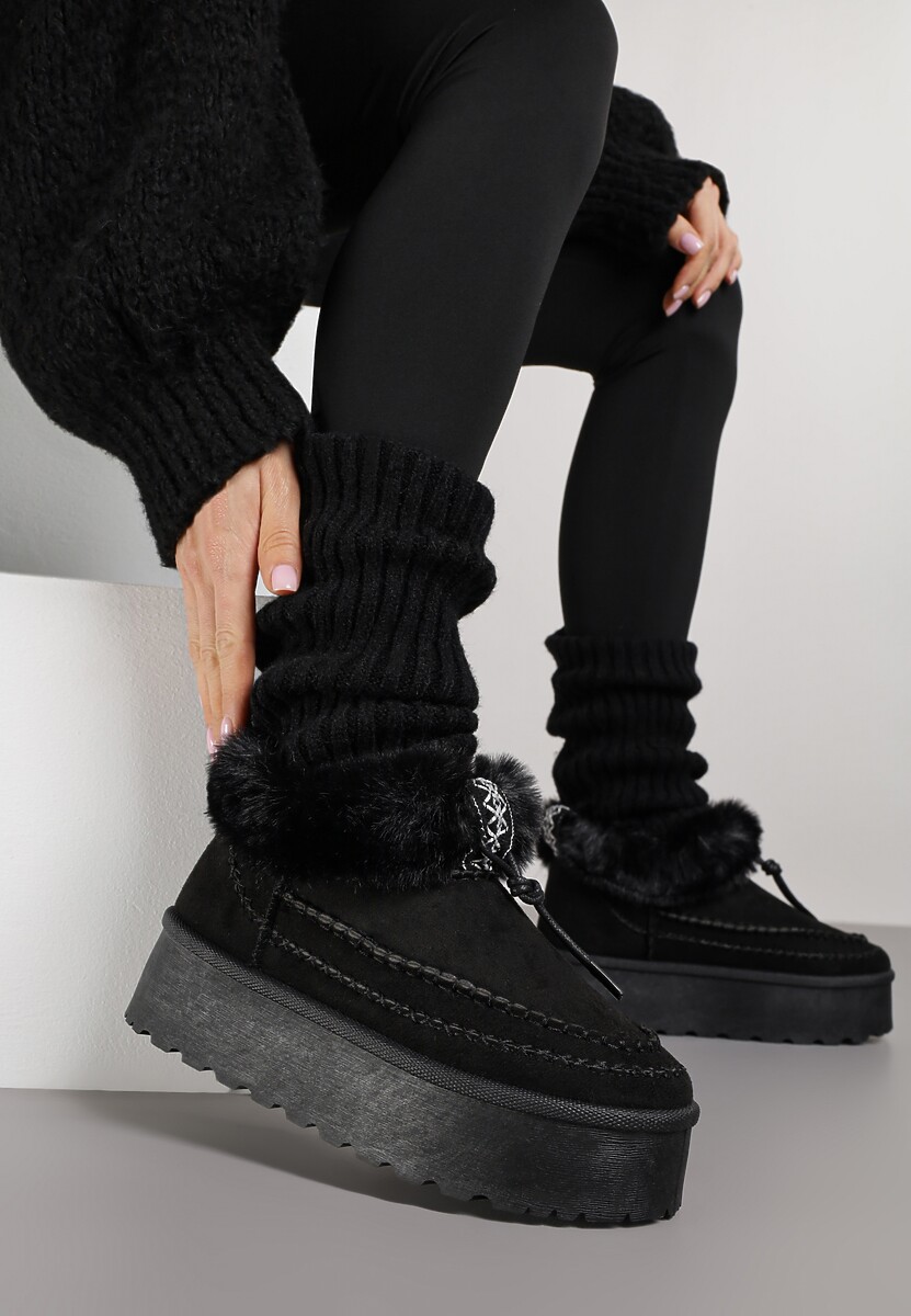 Czarne Śniegowce na Platformie Ozdobione Futerkiem i Przeszyciami Linerva