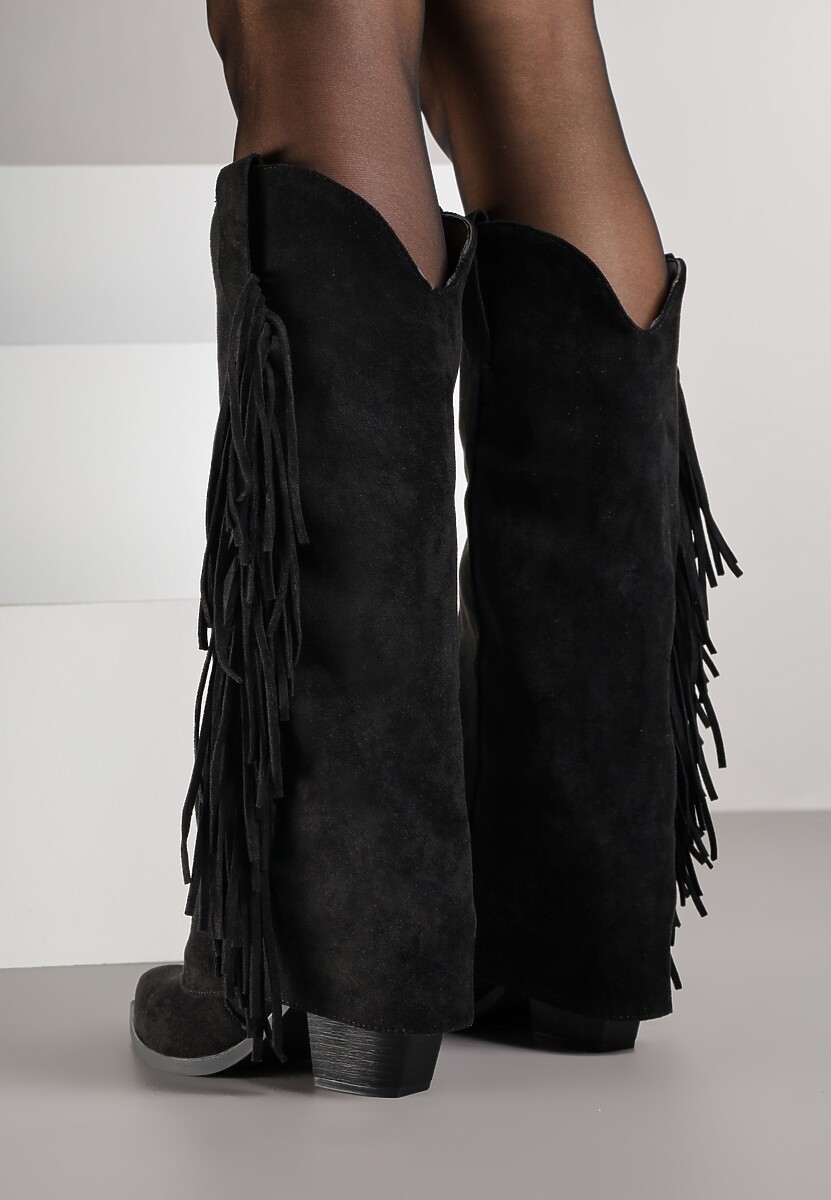 Czarne Kozaki Kowbojki na Stożku z Cholewką Imitującą Nogawkę z Frędzlami Monettea